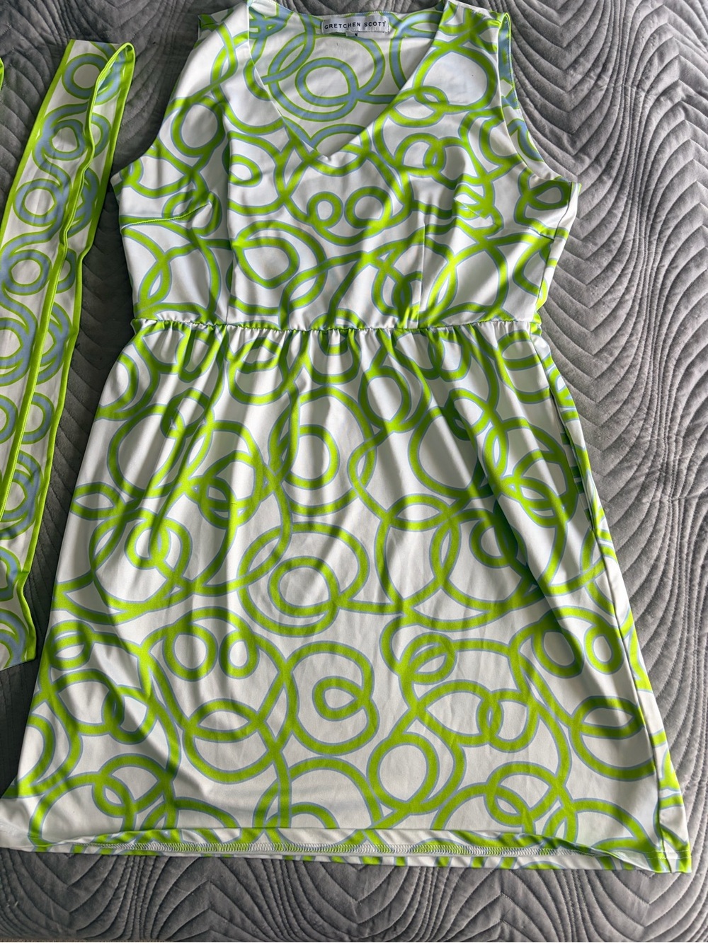 Gretchen Scott Designs White Dress with Neon Lime Loop Print and Sash